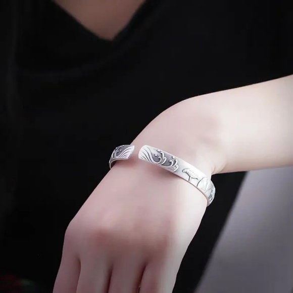 NEW Brushed 999 Pure Silver Lotus Flower Heart Sutra Bracelet - Picture 11 of 11